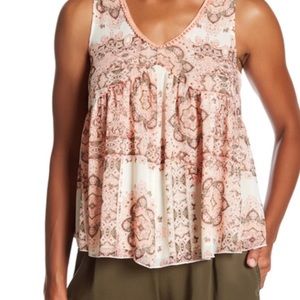 Printed tank with Pom Pom accent at neckline